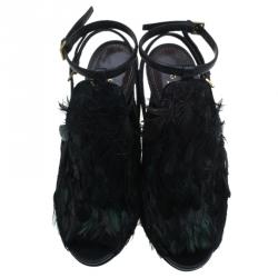 Pre Owned Gucci Dark Green Feathers and Suede Jane Peep Toe Booties Size 38