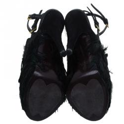 Pre Owned Gucci Dark Green Feathers and Suede Jane Peep Toe Booties Size 38