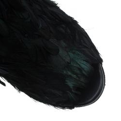 Pre Owned Gucci Dark Green Feathers and Suede Jane Peep Toe Booties Size 38