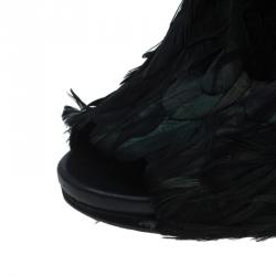 Pre Owned Gucci Dark Green Feathers and Suede Jane Peep Toe Booties Size 38