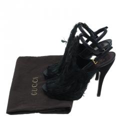 Pre Owned Gucci Dark Green Feathers and Suede Jane Peep Toe Booties Size 38