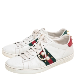 Gucci White Leather Python Embossed Web Detail New Ace Faux Pearl Embellished Low Top Sneakers Size 38