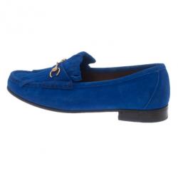 مملوكة مسبقًا حذاء غوتشي جلد سويدي أزرق شراشيب وبدون كعب مقاس 39.5