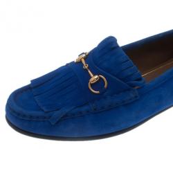 مملوكة مسبقًا حذاء غوتشي جلد سويدي أزرق شراشيب وبدون كعب مقاس 39.5