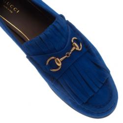 مملوكة مسبقًا حذاء غوتشي جلد سويدي أزرق شراشيب وبدون كعب مقاس 39.5