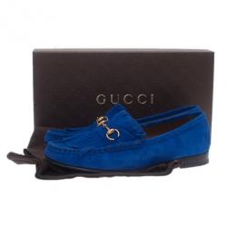 مملوكة مسبقًا حذاء غوتشي جلد سويدي أزرق شراشيب وبدون كعب مقاس 39.5