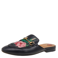 مملوكة مسبقًا Gucci Black Floral Embroidered Leather Princetown Horsebit Flat Mules Size 35.5