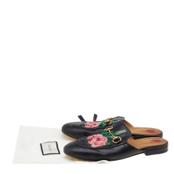 مملوكة مسبقًا Gucci Black Floral Embroidered Leather Princetown Horsebit Flat Mules Size 35.5