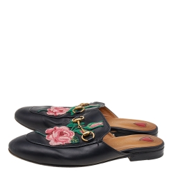 مملوكة مسبقًا Gucci Black Floral Embroidered Leather Princetown Horsebit Flat Mules Size 35.5
