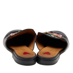 مملوكة مسبقًا Gucci Black Floral Embroidered Leather Princetown Horsebit Flat Mules Size 35.5
