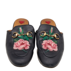 مملوكة مسبقًا Gucci Black Floral Embroidered Leather Princetown Horsebit Flat Mules Size 35.5