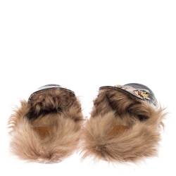 Pre Owned حذاء سلايد غوتشي برينس تاون هورسبيت جلد أسود مطرز نمر وفرو مقاس 41 