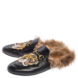 Pre Owned حذاء سلايد غوتشي برينس تاون هورسبيت جلد أسود مطرز نمر وفرو مقاس 41 