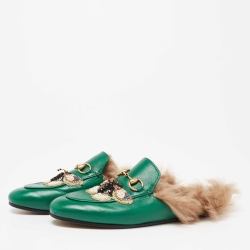 Pre Owned حذاء مولز غوتشي فلات برنستاون جلد أخضر بطانة فرو مزين بنحلة شعار هورسبيت مقاس 37