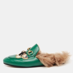 Pre Owned حذاء مولز غوتشي فلات برنستاون جلد أخضر بطانة فرو مزين بنحلة شعار هورسبيت مقاس 37