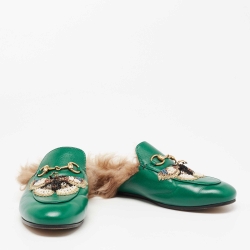 Pre Owned حذاء مولز غوتشي فلات برنستاون جلد أخضر بطانة فرو مزين بنحلة شعار هورسبيت مقاس 37