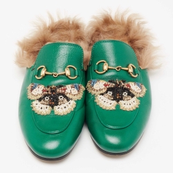 Pre Owned حذاء مولز غوتشي فلات برنستاون جلد أخضر بطانة فرو مزين بنحلة شعار هورسبيت مقاس 37