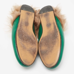 Pre Owned حذاء مولز غوتشي فلات  برنستاون جلد أخضر بطانة فرو مزين بنحلة شعار هورسبيت مقاس 37