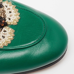 Pre Owned حذاء مولز غوتشي فلات برنستاون جلد أخضر بطانة فرو مزين بنحلة شعار هورسبيت مقاس 37