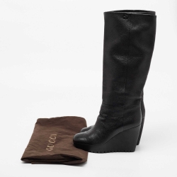 Pre Owned Gucci Black Leather Wedge Knee Length Boots Size 37