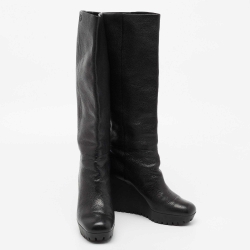 Pre Owned Gucci Black Leather Wedge Knee Length Boots Size 37
