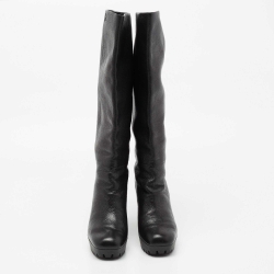 Pre Owned Gucci Black Leather Wedge Knee Length Boots Size 37