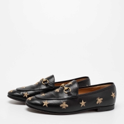 Pre Owned Gucci Black Leather Embroidered Bee Star Horsebit Slip On Loafers Size 40