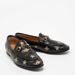 Pre Owned Gucci Black Leather Embroidered Bee Star Horsebit Slip On Loafers Size 40
