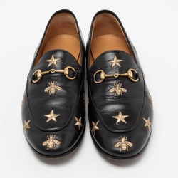 Pre Owned Gucci Black Leather Embroidered Bee Star Horsebit Slip On Loafers Size 40