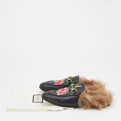 مملوكة مسبقًا Gucci Black Floral Embroidered Leather and Fur Lined Princetown Horsebit Flat Mules Size 37.5