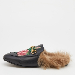 مملوكة مسبقًا Gucci Black Floral Embroidered Leather and Fur Lined Princetown Horsebit Flat Mules Size 37.5