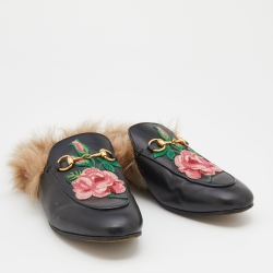 مملوكة مسبقًا Gucci Black Floral Embroidered Leather and Fur Lined Princetown Horsebit Flat Mules Size 37.5