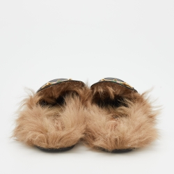 مملوكة مسبقًا Gucci Black Floral Embroidered Leather and Fur Lined Princetown Horsebit Flat Mules Size 37.5