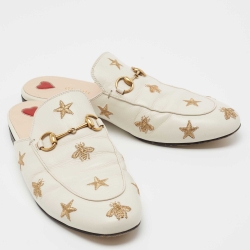 Pre Owned Gucci Off White/Gold Leather Bee Embroidered Princetown Horsebit Flat Mules Size 38.5