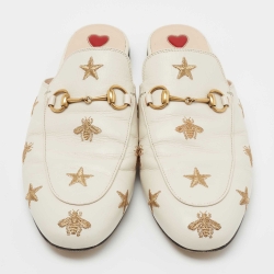 Pre Owned Gucci Off White/Gold Leather Bee Embroidered Princetown Horsebit Flat Mules Size 38.5