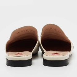 Pre Owned Gucci Off White/Gold Leather Bee Embroidered Princetown Horsebit Flat Mules Size 38.5