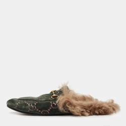 Pre Owned Gucci Green Velvet and Fur CC Princetown Horsebit Flat Mules Size 40