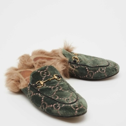 Pre Owned Gucci Green Velvet and Fur CC Princetown Horsebit Flat Mules Size 40