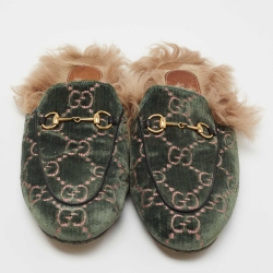Pre Owned Gucci Green Velvet and Fur CC Princetown Horsebit Flat Mules Size 40