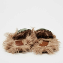 Pre Owned Gucci Green Velvet and Fur CC Princetown Horsebit Flat Mules Size 40