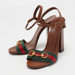 مملوكة مسبقًا Gucci Brown Leather Horsebit Web Stripe Detail Ankle Strap Sandals Size 38
