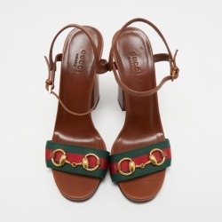 مملوكة مسبقًا Gucci Brown Leather Horsebit Web Stripe Detail Ankle Strap Sandals Size 38