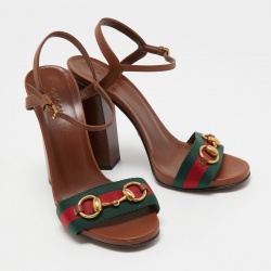 مملوكة مسبقًا Gucci Brown Leather Horsebit Web Stripe Detail Ankle Strap Sandals Size 38