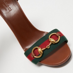 مملوكة مسبقًا Gucci Brown Leather Horsebit Web Stripe Detail Ankle Strap Sandals Size 38