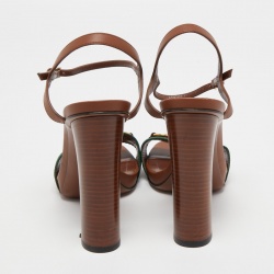 مملوكة مسبقًا Gucci Brown Leather Horsebit Web Stripe Detail Ankle Strap Sandals Size 38