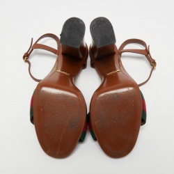 مملوكة مسبقًا Gucci Brown Leather Horsebit Web Stripe Detail Ankle Strap Sandals Size 38