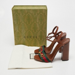 مملوكة مسبقًا Gucci Brown Leather Horsebit Web Stripe Detail Ankle Strap Sandals Size 38