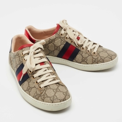 Pre Owned Gucci Beige/Brown GG Supreme Canvas Ace Web Low Top Sneakers Size 36