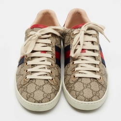 Pre Owned Gucci Beige/Brown GG Supreme Canvas Ace Web Low Top Sneakers Size 36