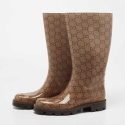 مملوكة مسبقًا Gucci Beige/Brown GG Rubber Edimburg Rain Boots Size 36